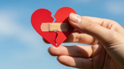 Woman holding red broken heart shape with plaster on blue sky. Concept of healing emotional pain and mending relationship after breakup.