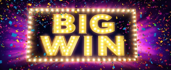 The Big Win marquee sign with glowing lights and colorful confetti celebration