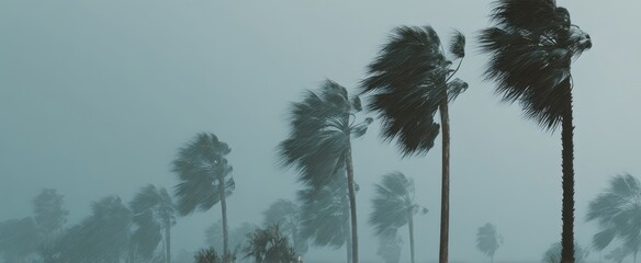The palm trees bending in fierce coastal storm with heavy wind and rain