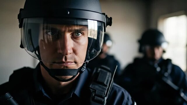 Focused Male Police Officer in Tactical Gear, Wearing Helmet and Visor, with Two Officers in Background, Inside Dimly Lit Environment Ready for Operation