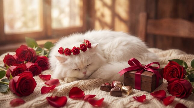 White cat with rose crown isolated on white background