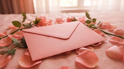 Pink envelope surrounded by roses on white background