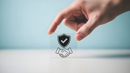 Hand holding a shield with a checkmark on a white surface