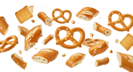 Golden-brown pretzel pieces, varying sizes with salt, crunchy texture, suspended on a transparent background with shallow depth of field, soft bokeh. Concept of a casual movie snack