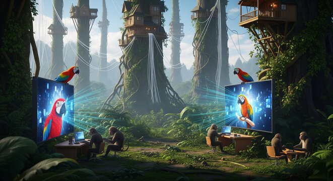 Digital Jungle Convergence: Amidst the mystical ambiance of an overgrown jungle, vibrant macaw parrots perched atop immense screens reflect a vivid parrot image, where individuals utilize technology.