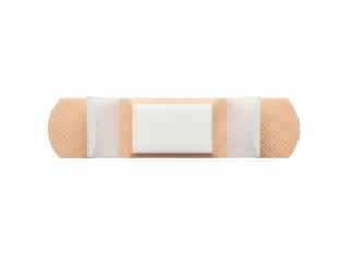 Adhesive bandage with white sterile pad and textured tan fabric strip isolated on a transparent background