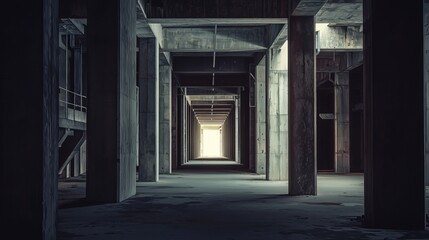 Concrete Pillars Creating an Elongated Perspective Towards Distant Light in an Industrial Scene