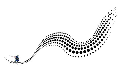 Abstract design hockey player with flowing halftone wave motion on white background. Concept of sports innovation visuals, creative motion graphics, advertising layouts, digital branding.