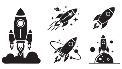 Collection of various rocket and spaceship illustrations in flight and launch