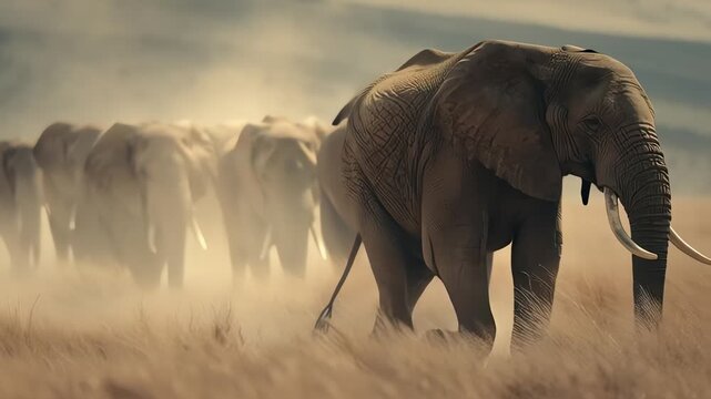 A large elephant leads a herd walking through dry grass with a dusty atmosphere and warm tones in a savannah landscape.