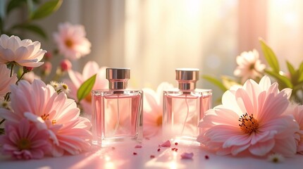 Luxury Perfume Bottles with Pink Flowers, Floral Fragrance, Elegant Beauty Background