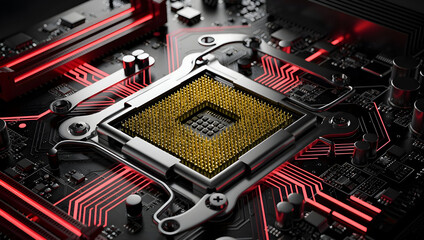 High performance cpu socket with advanced processor pins on gaming motherboard, powerful computing hardware, overclocking technology and modern pc engineering concept
