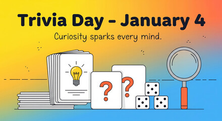 Trivia Day January 4th Cards Dice Magnifying Glass and Lightbulb image photo