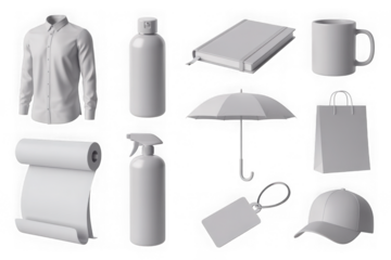 T shirt template. Corporate brand souvenirs. White box of tea bag. Identity products for marketing. Mug and gift package. Blank bottle. Office cap or stationery pen. Vector 3D objects set