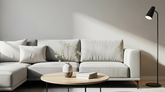 Stylish Modern Living Room with Gray Sofa and Decorative Items in Soft Lighting, Featuring a Round Coffee Table and Floor Lamp