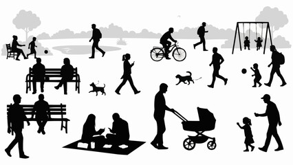 Diverse group of people enjoying outdoor park activities silhouette collection.