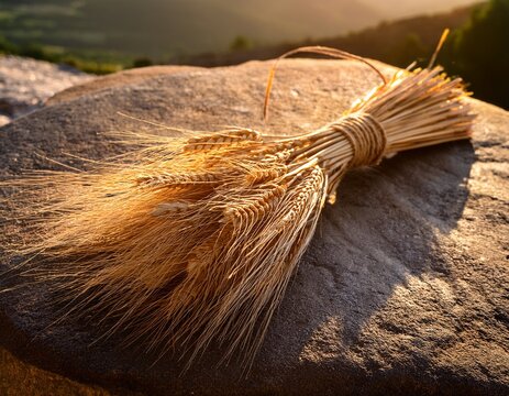 fresh wheat sheaves on rough stone surface under morning sunlight