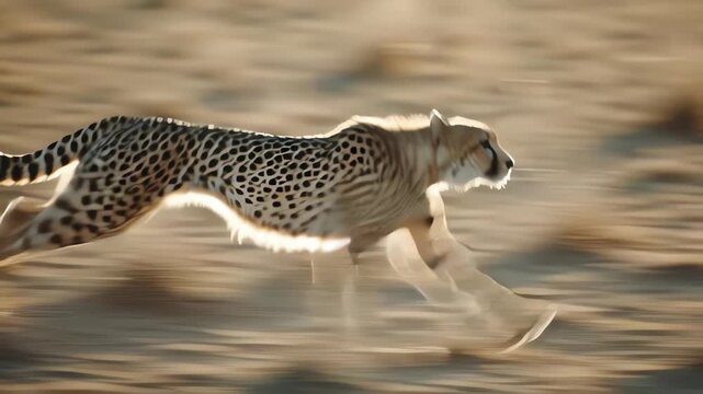 A cheetah running quickly across a blurred savannah landscape with warm golden light and a shallow depth of field.