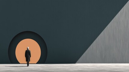 Solitary Figure Approaching Circular Portal in Minimalist Space