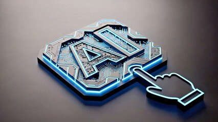 3D AI chip logo, neon blue glow, single human finger icon touching corner