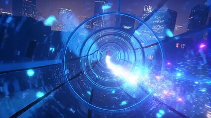 Futuristic cityscape with dynamic light trails and digital vortex movement at night - Powered by Adobe