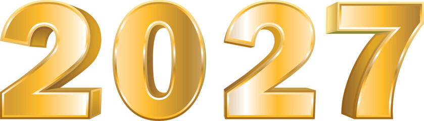 Gold 3D 2027 number. Hand drawn vector icon illustration.