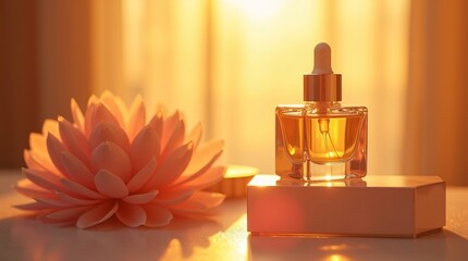 Golden serum bottle with pink flower in warm light. Natural skincare, beauty, and wellness concept.