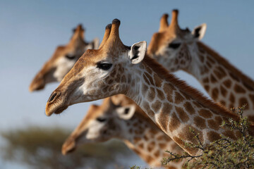Obraz premium A majestic herd of giraffes feeding on tall acacia.