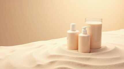 Skincare Bottles and Cream Glass on Sand in Soft Light