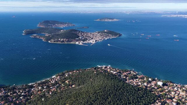 Aerial drone panorama view on Princess Islands in the Sea of Marmara near to Istanbul, Turkey from Buyukadа. Istanbul and the Bosphorus Strait are visible in the distance. 4К