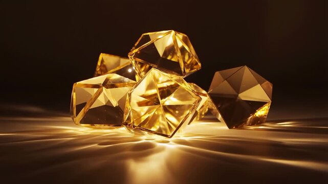 Glowing crystal gems reflect shimmering light in luxurious golden ambiance