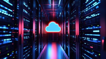 Cloud computing data center corridor with glowing cloud icon and neon server racks, digital infrastructure concept, perfect for IT and AI technology marketing visuals