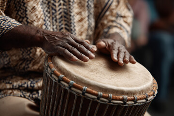 A close-up of a traditional African drum.