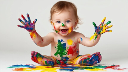 Happy toddler enjoying colorful messy painting session with vibrant paint on hands, feet, and body expressing joyful creativity