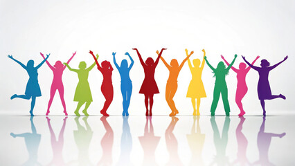 Fototapeta premium Colorful dancing women silhouettes in joyful celebration with raised arms and reflections on white background
