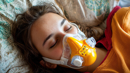 Young woman resting with inhalation mask on face for oxygen therapy in bed, peaceful and calm recovery moment