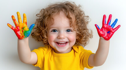 Happy child with curly hair and colorful paint on hands smiling joyfully in yellow shirt