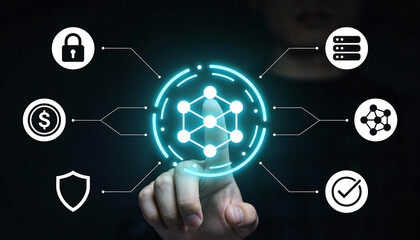 Hand touching glowing blockchain network interface with security lock database and verification icons futuristic fintech cybersecurity concept on dark background