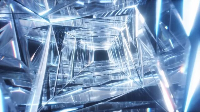 Geometric light tunnel with reflective crystal surfaces creating futuristic illusion