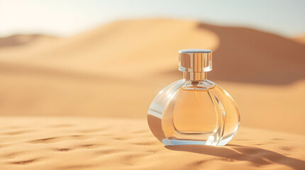 An elegant, rounded glass perfume bottle rests on soft desert sands, capturing golden sunlight against a backdrop of rolling dunes under a clear, bright sky for a luxury fragrance