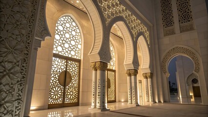 Obraz premium Grand interior architecture with ornate arches and intricate latticework illumination