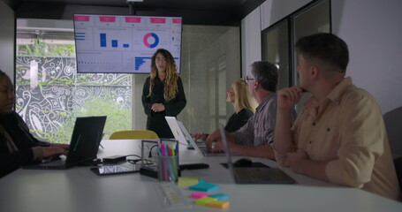Young professional woman delivers data-driven presentation to diverse business team in modern office meeting room with charts displayed on wall screen