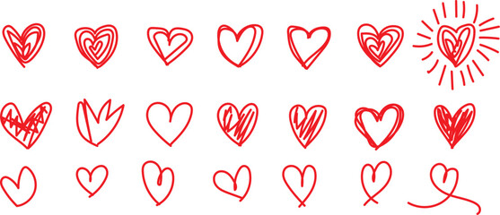 Various hand-drawn red heart doodles expressing love and affection against a clean white background. The image presents a vibrant assortment of distinct hand-drawn red heart shapes arranged neatly 