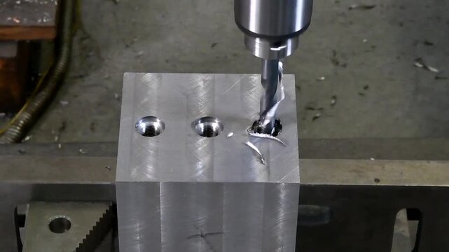 A drill bit drills metal. Drilling of iron parts, Industrial metalworking.