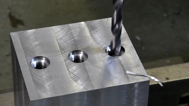 A drill bit drills metal. Drilling of iron parts, Industrial metalworking.