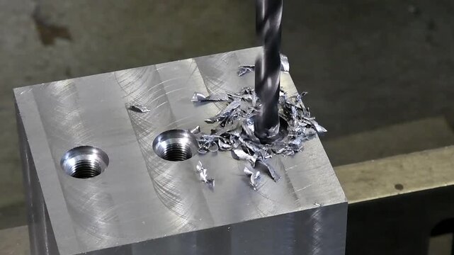 A drill bit drills metal. Drilling of iron parts, Industrial metalworking.