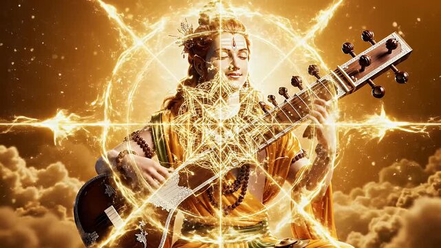 Narada Jayanti sacred sound vibration lines background with warm gold gradient