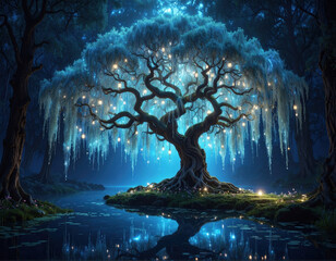 Enchanting nighttime scene of a glowing willow tree by a serene lake magical nature landscape mystical environment