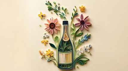 Quilled champagne bottle popping open with flowers flowing out on a soft cream background