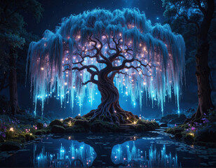 Enchanted night scene magical tree nature tranquil forest atmospheric mystical glow